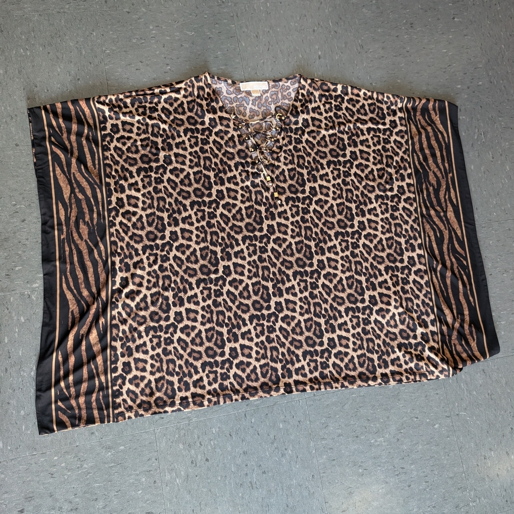 Michael Kors Leopard Print Caftan Tunic Blouse Loose Shirt Large Fits XLarge